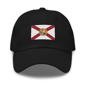 May include: A black baseball cap with an embroidered Florida state flag on the front. The flag is red, white, and blue with a seal in the center.