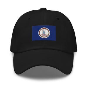 May include: A black baseball cap with the Virginia state flag embroidered on the front.