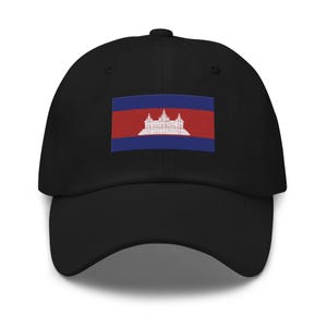 May include: A black baseball cap featuring an embroidered Cambodian flag on the front. The flag is red, blue and white with a white temple design in the centre.
