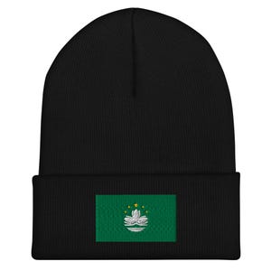 May include: Black beanie with a green and white embroidered flag of Macau on the front.