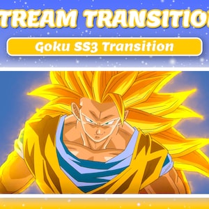 May include: A digital graphic for a stream transition featuring Goku SS3. The image shows a character with spiky golden hair and a determined expression. The text "STREAM TRANSITION" and "Goku SS3 Transition" are displayed in the image.