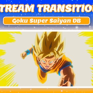 Könnte beinhalten: Digitalgrafik für einen Stream-Übergang mit der Figur Goku in seiner Super-Saiyajin-Form aus Dragon Ball. Das Bild hat ein helles Gelb- und Orangenschema mit dem Text "Stream Transition" und "Goku Super Saiyan DB".