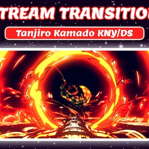 Puede incluir: Imagen de arte digital con el texto "STREAM TRANSITION" y "Tanjiro Kamado KNY/DS". La obra representa un personaje rodeado de llamas, con una paleta de colores naranja y amarillo vibrantes. La escena es dinámica y llena de acción.