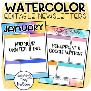 Watercolor Class Newsletter Templates - Watercolor Classroom - Watercolor Class Decor - Watercolor Decor - Classroom Newsletters