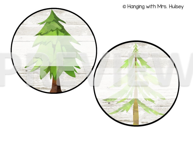 May include: Two round white woodgrain circles with black borders, each featuring a green watercolor pine tree on a white background. The text "Hanging with Mrs. Hulse" is in the top right corner of the image.