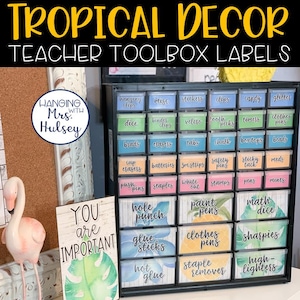 Etiquetas para cajas de herramientas para profesores con motivos tropicales - Decoración de aulas con motivos tropicales - Decoración tropical - Aula tropical