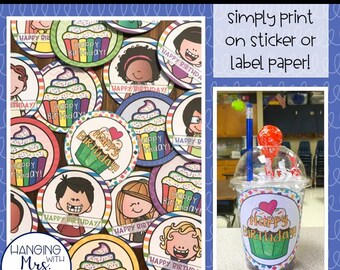 Classroom Birthday Cup Labels: Printable Stickers (PDF)