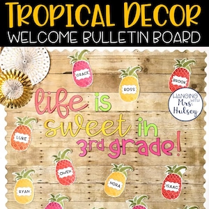 Tablón de anuncios de bienvenida tropical al cole - Aula tropical Decoración de aula tropical - Tablón de anuncios tropical Tablón de anuncios de piña