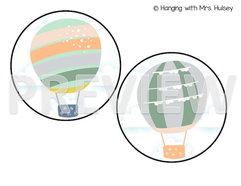 May include: Two hot air balloons with different patterns. One balloon is striped with orange, green, and gray. The other balloon is green and gray with white bunting. Both balloons are against a white background with clouds.