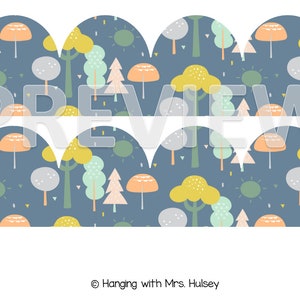 May include: A blue scalloped border with a repeating pattern of trees, mushrooms, and suns. The text "Hanging with Mrs. Hulse" is at the bottom of the image.