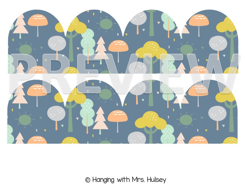 May include: A blue scalloped border with a repeating pattern of trees, mushrooms, and suns. The text "Hanging with Mrs. Hulse" is at the bottom of the image.