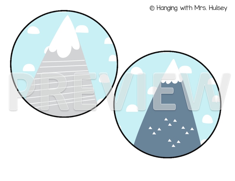 May include: Two blue and white circle designs with a gray and white mountain in each. The mountain on the left has a white snowy peak and gray stripes. The mountain on the right has a blue peak and white triangles.