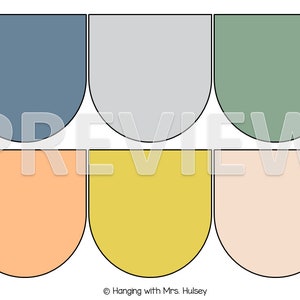 May include: Six half-circle shaped printable labels in various colors: blue, gray, green, orange, yellow, and beige. The labels are designed for use as classroom decor or for organizing.