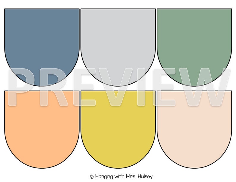 May include: Six half-circle shaped printable labels in various colors: blue, gray, green, orange, yellow, and beige. The labels are designed for use as classroom decor or for organizing.