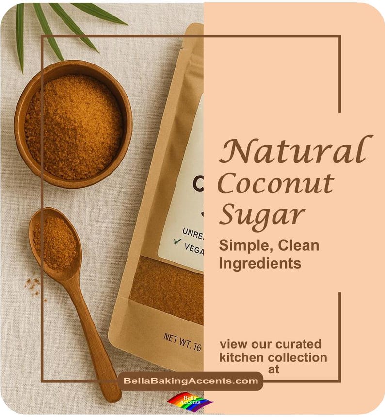 Showing Bella Accents natural coconut sugar in a wooden bowl and wooden spoon filled with natural coconut sugar