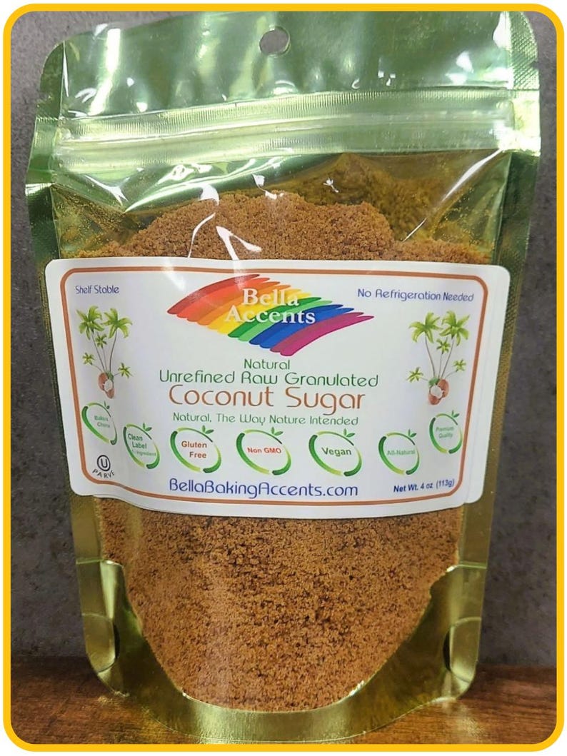 Bella Accents Raw Unrefined Natural Granulated Coconut Sugar 4oz Package - Natural Sweeteners - All Natural Baking Ingredients - Natural Kitchen Staples