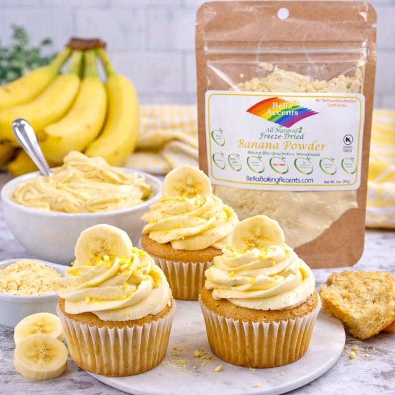 Banana powder used in buttercream frosting on cupcakes with fresh banana slices showing baking results