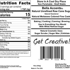 Natural Unrefined Raw Caster Cane Sugar Nutrition Facts 16oz Label - Natural Raw Unrefined Sugars - Coffee, Tea Sweeteners - Natural Sugars For Baking and Cooking - Natural Sugars Baking Supplies - Natural Ingredients Kitchen Staples