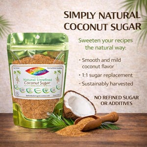 Bella Accents natural raw unrefined coconut sugar pouch with coconut and scoop showing uses as a natural sweetener with 1 to 1 sugar replacement for baking and recipes
