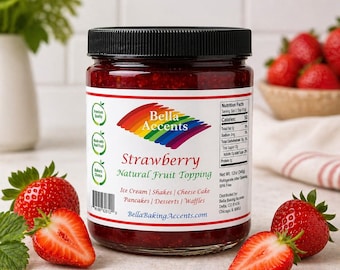 Salsa dulce para postres horneados con sabor a fresa de Bella Accents, ideal para bizcochos, helados y tortitas.