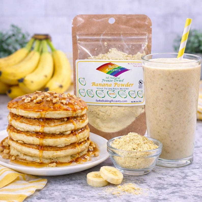 Banana powder used in pancakes and smoothie showing natural flavor and color in recipes