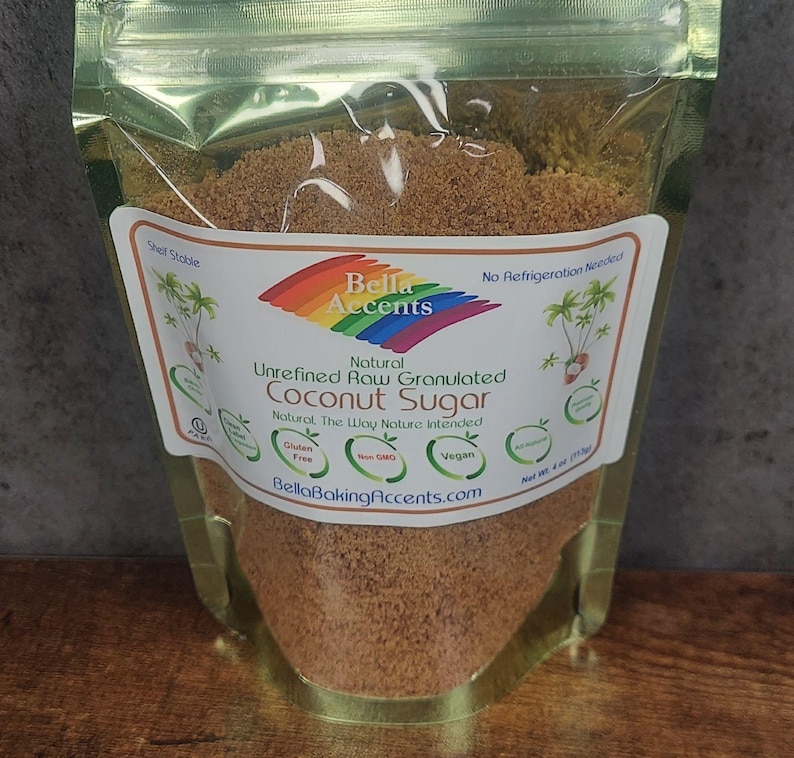 Bella Accents Raw Unrefined Natural Granulated Coconut Sugar 4oz Package - Natural Sweeteners - All Natural Baking Ingredients - Natural Kitchen Staples