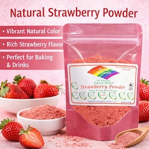 Bella Accents natural strawberry powder in pink pouch for baking and desserts