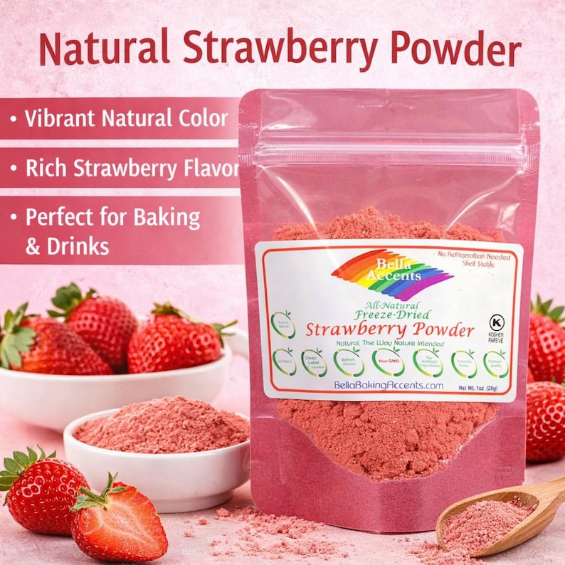 Bella Accents natural strawberry powder in pink pouch for baking and desserts