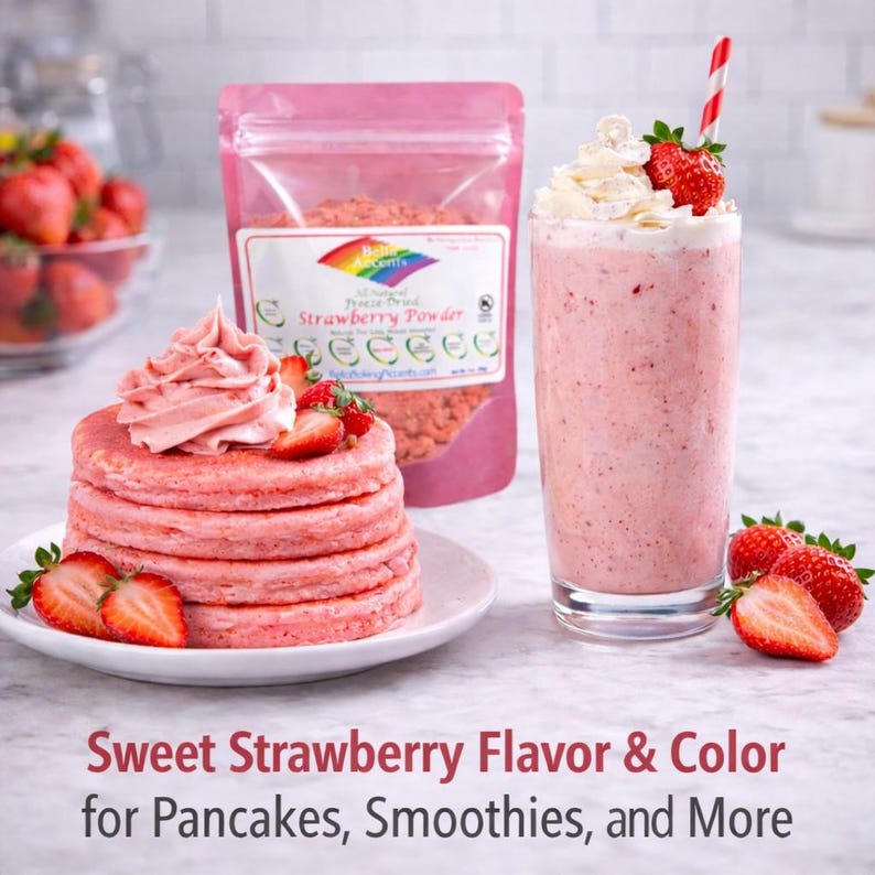 Strawberry powder used in pink pancakes and smoothie showing natural color and flavor in recipes