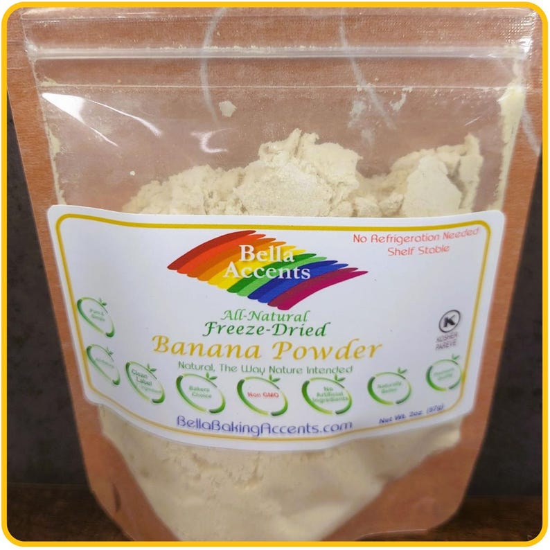 Bella Accents Natural Freeze-Dried Banana Powder - Natural Banana Powder Freeze-Dried - Dried Natural Fruit Powders - 2oz natural banana powder package shown