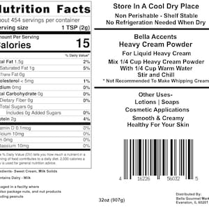 Bella Accents Organic Heavy Cream Powder Nutrition Facts