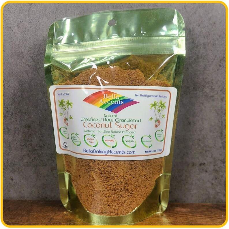 Bella Accents Raw Unrefined Natural Granulated Coconut Sugar 4oz Package - Natural Sweeteners - All Natural Baking Ingredients - Natural Kitchen Staples
