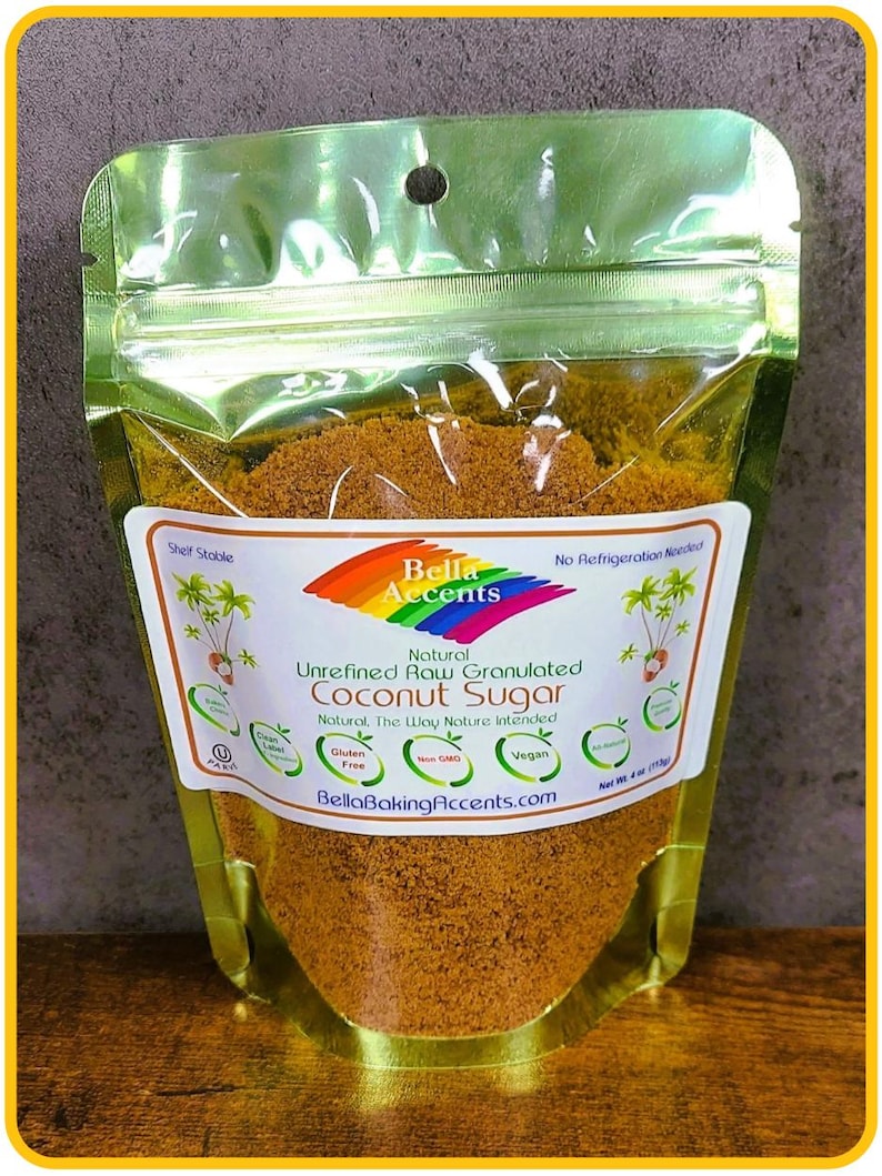 Bella Accents Raw Unrefined Natural Granulated Coconut Sugar 4oz Package - Natural Sweeteners - All Natural Baking Ingredients - Natural Kitchen Staples