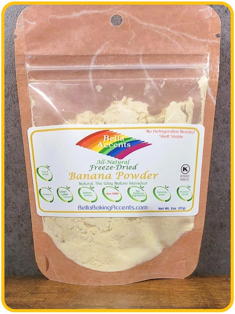 Bella Accents Natural Freeze-Dried Banana Powder - Natural Banana Powder Freeze-Dried - Dried Natural Fruit Powders - 2oz natural banana powder package shown