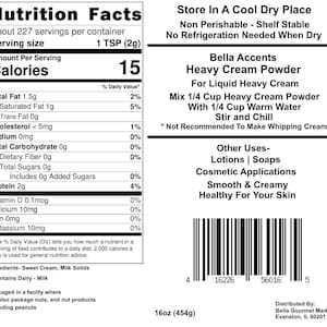 Bella Accents Organic Heavy Cream Powder Nutrition Facts