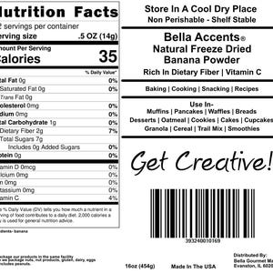 Bella Accents Freeze Dried Natural Banana Powder 16oz Nutrition Facts Label