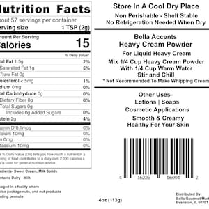Bella Accents Organic Heavy Cream Powder Nutrition Facts