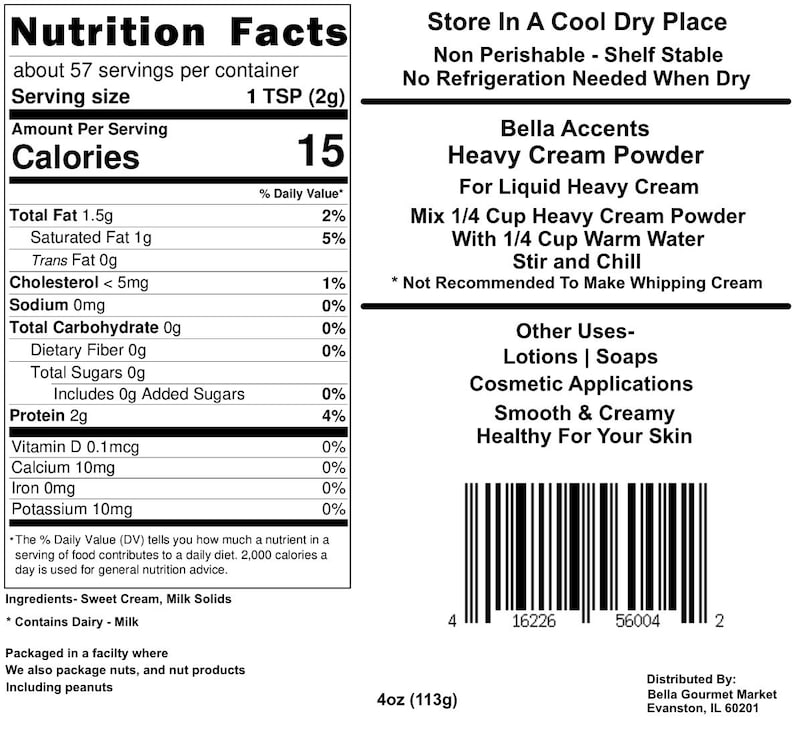 Bella Accents Organic Heavy Cream Powder Nutrition Facts
