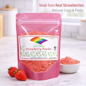 Strawberry powder on kitchen counter with fresh strawberries and bowl showing fine texture for baking