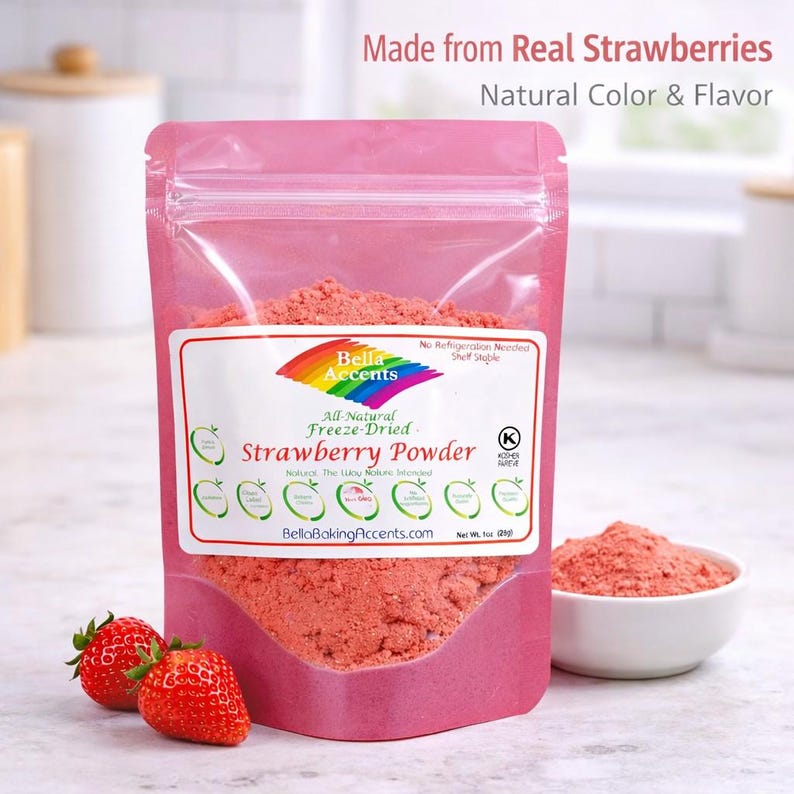 Strawberry powder on kitchen counter with fresh strawberries and bowl showing fine texture for baking