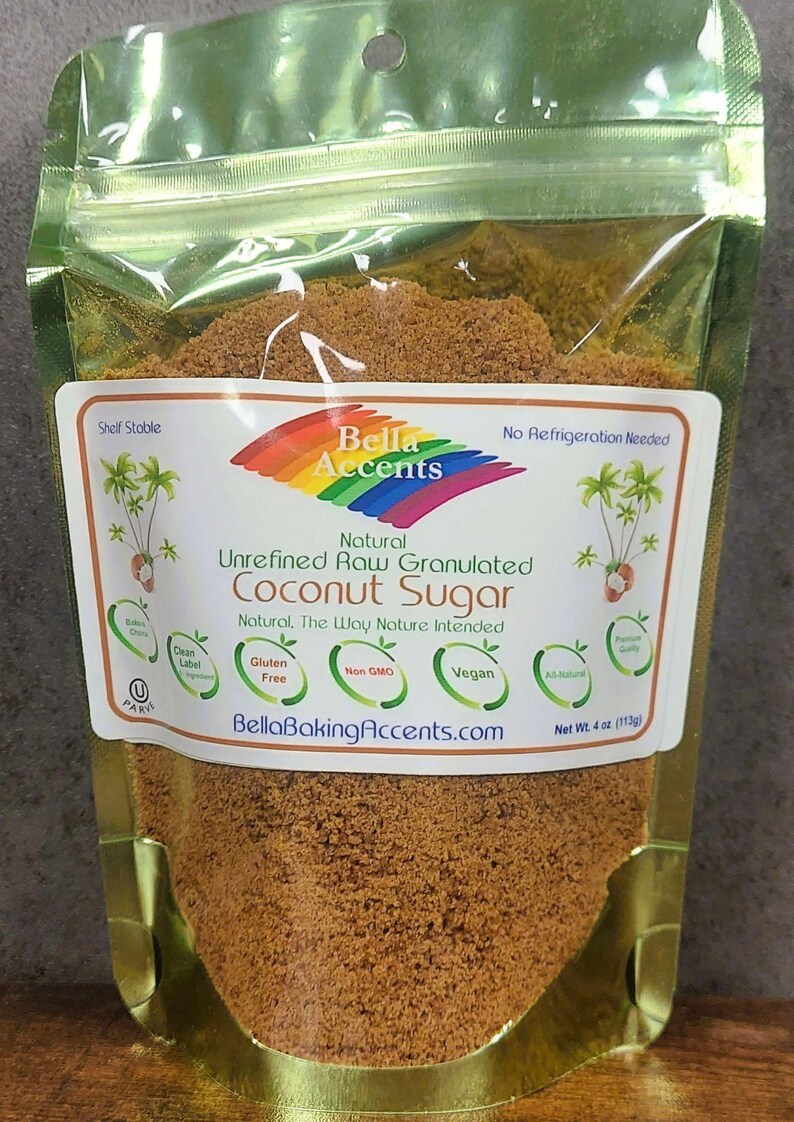 Bella Accents Raw Unrefined Natural Granulated Coconut Sugar 4oz Package - Natural Sweeteners - All Natural Baking Ingredients - Natural Kitchen Staples