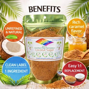 Bella Accents natural raw unrefined coconut sugar pouch with benefits including clean label one ingredient, rich caramel flavor, and easy 1 to 1 sugar replacement with tropical coconut leaves background