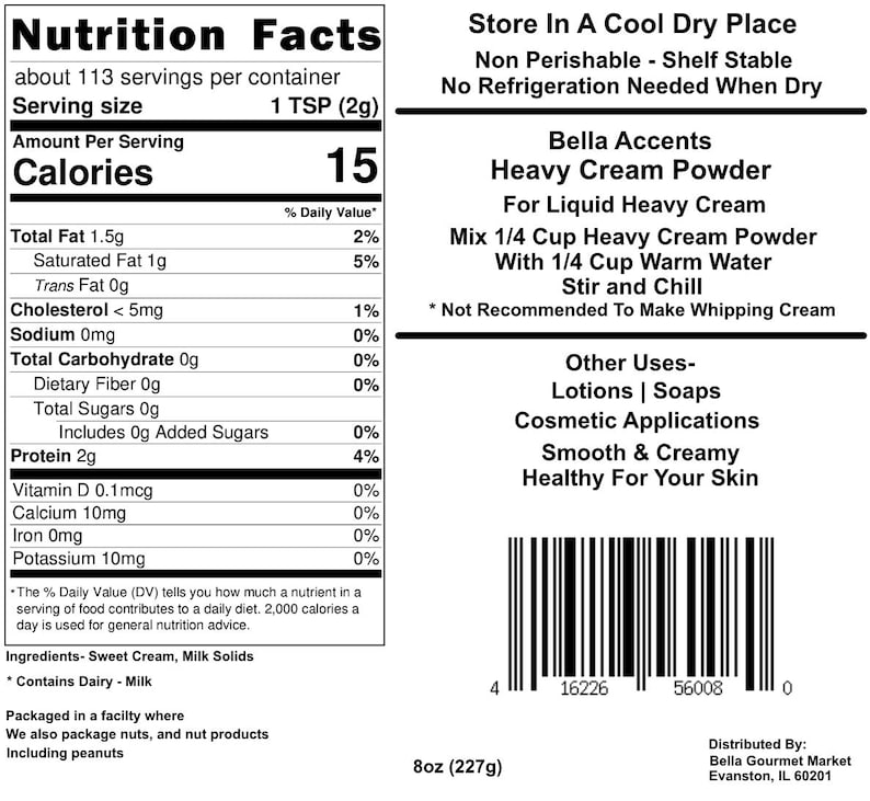 Bella Accents Organic Heavy Cream Powder Nutrition Facts