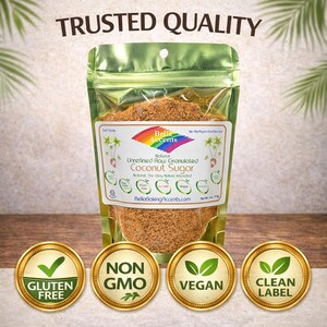 Bella Accents natural raw unrefined coconut sugar pouch with trusted quality badges including gluten free, non GMO, vegan, and clean label on a clean neutral background