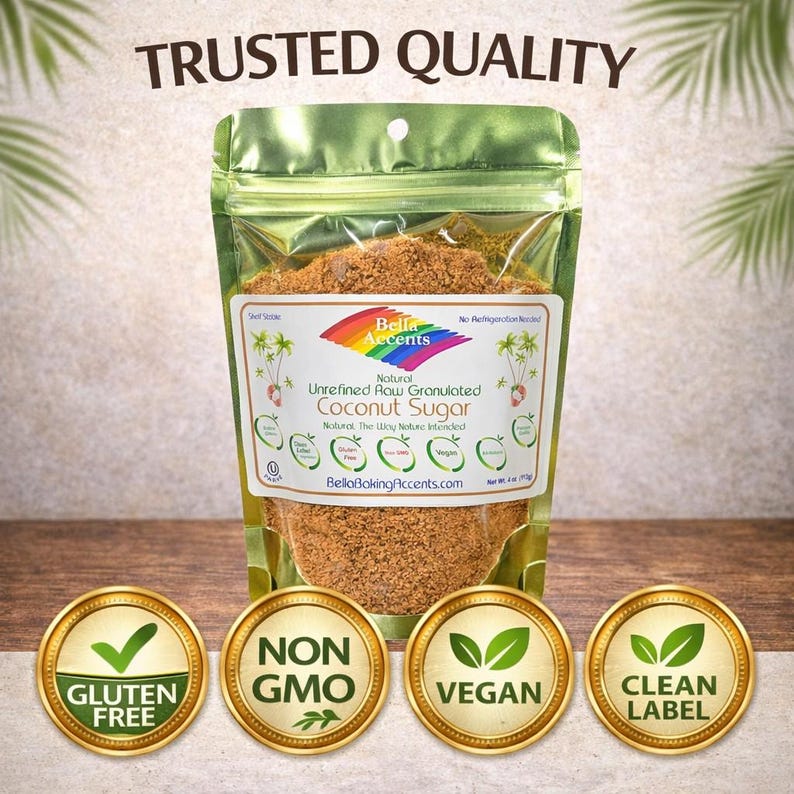 Bella Accents natural raw unrefined coconut sugar pouch with trusted quality badges including gluten free, non GMO, vegan, and clean label on a clean neutral background