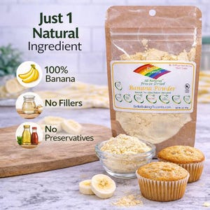 Banana powder with simple ingredients showing 100 percent banana with no fillers or preservatives for baking