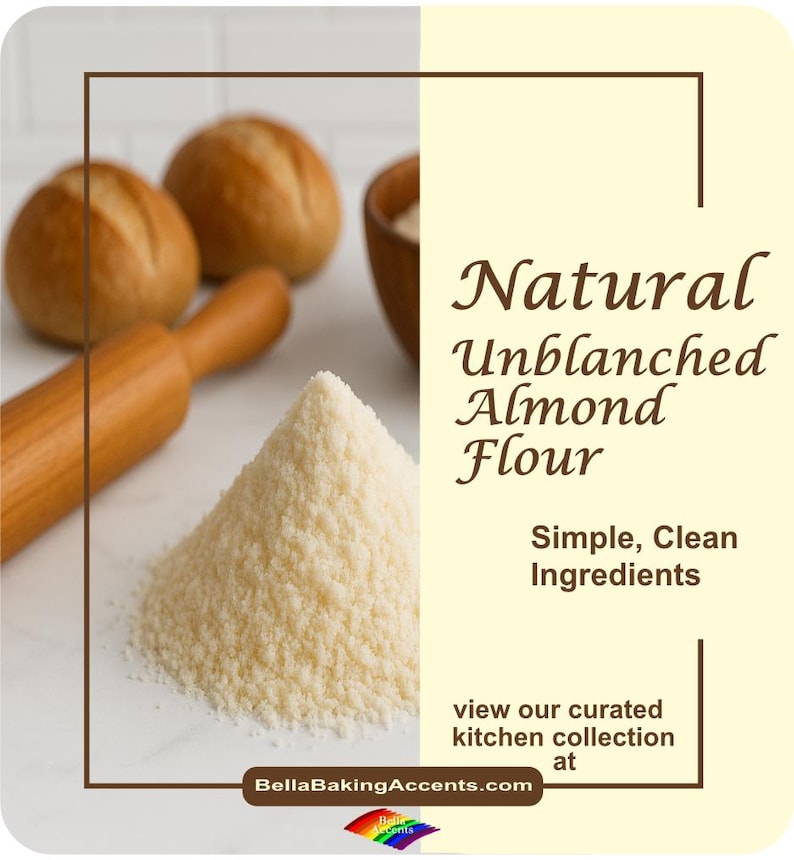 Showing a Bella Accents unblanched Almond Flour in a pile with a wooden rolling pin, baked breads