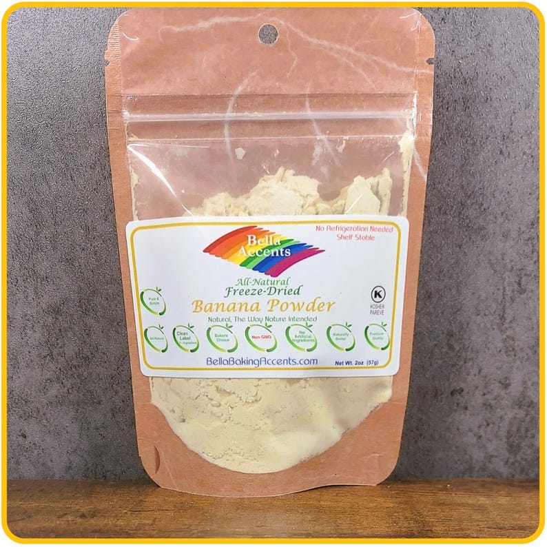 Bella Accents Natural Freeze-Dried Banana Powder - Natural Banana Powder Freeze-Dried - Dried Natural Fruit Powders - 2oz natural banana powder package shown