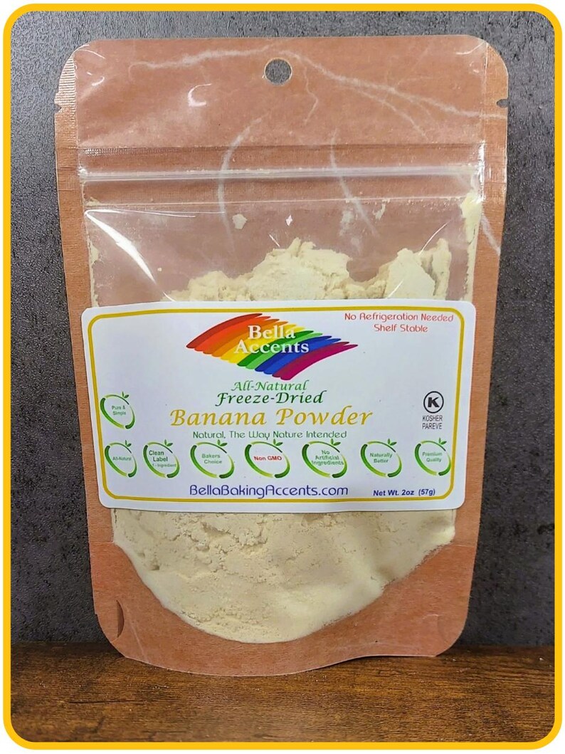Bella Accents Natural Freeze-Dried Banana Powder - Natural Banana Powder Freeze-Dried - Dried Natural Fruit Powders - 2oz natural banana powder package shown