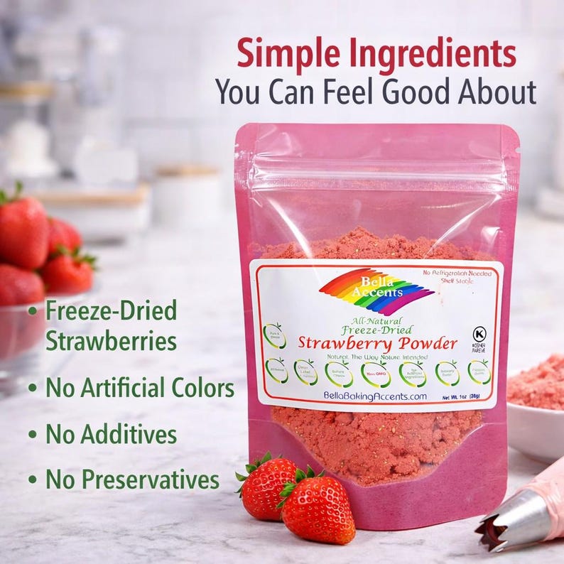 Strawberry powder with simple ingredients highlighting no artificial colors or additives for baking